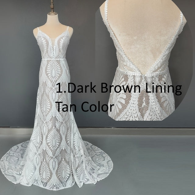 Bohemian V Neck Lace Backless Spaghetti Strap Beach Wedding Dress