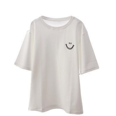 Smiley Face Round Neck Short Sleeve Loose Slimming T-Shirt for Women