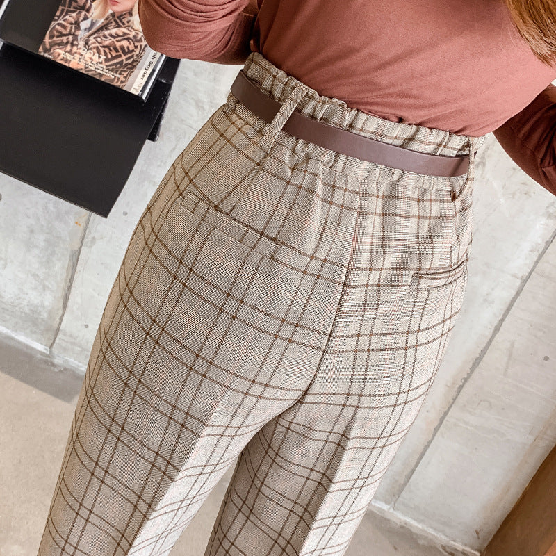 Plaid Loose Fit British Style High Waist Nine-Point Pants for Women