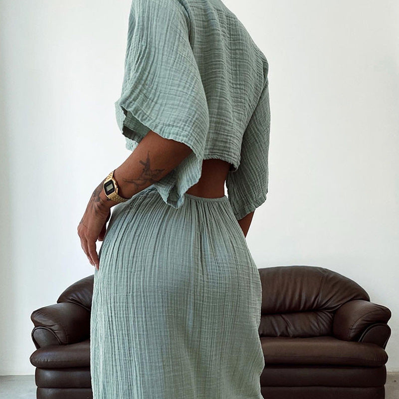 Women's Summer Slim Fit V-Neck Midriff Dress with Hollow Out Design