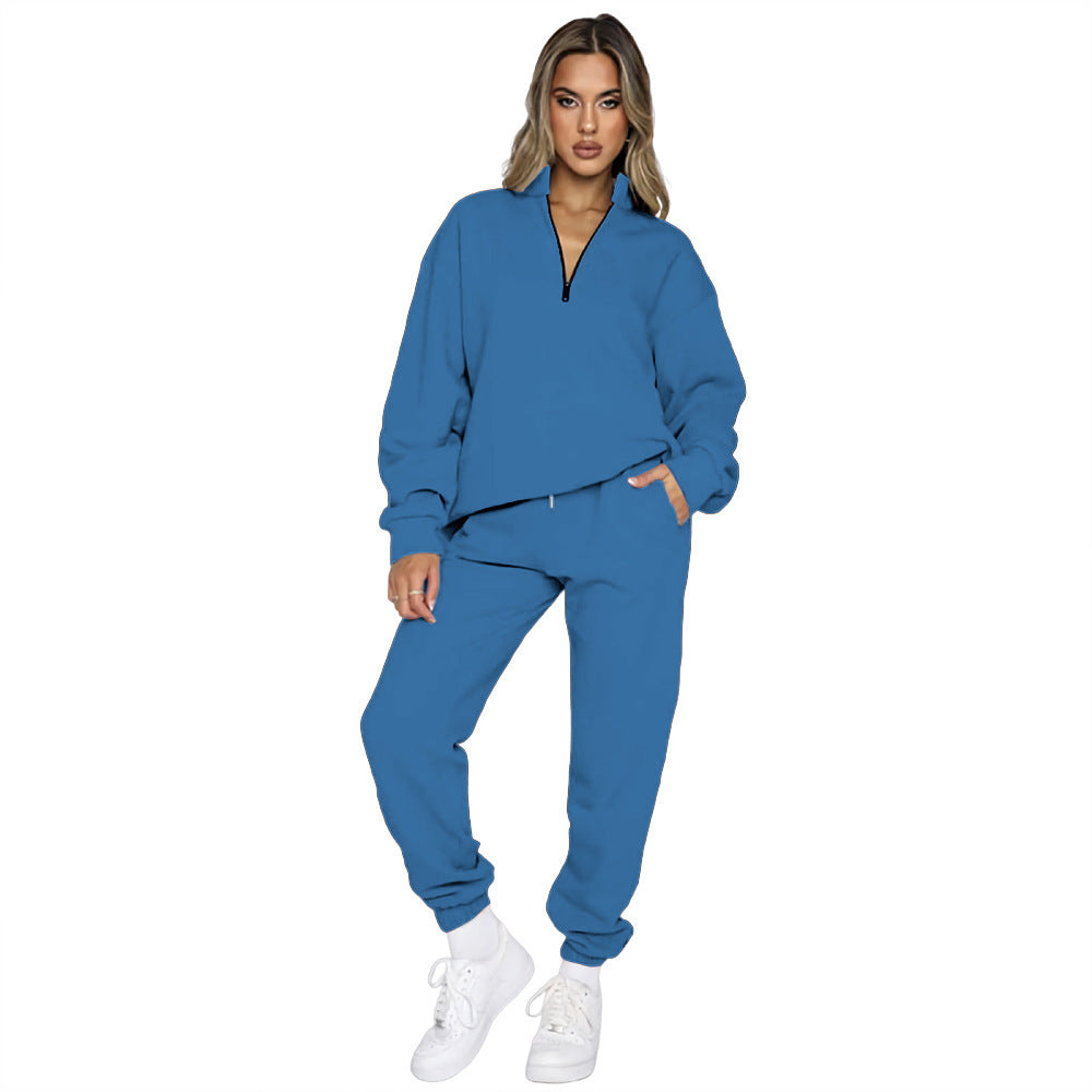 Women's Zipper Pullover Long Sleeve Sweater Two-Piece Set