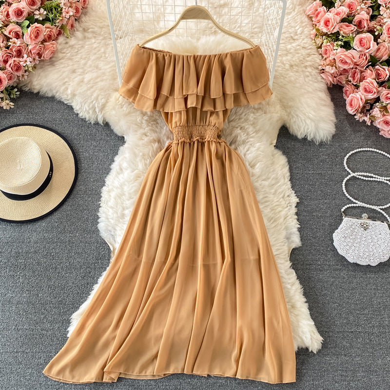 Robe trapèze en mousseline volantée à épaules dénudées, taille unique, plusieurs coloris