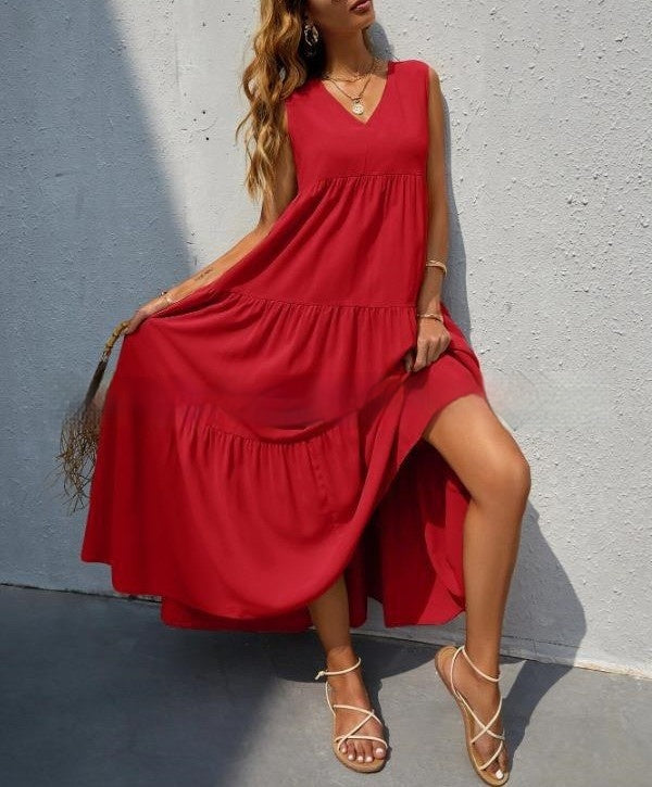 Women's Loose Waist Cotton Sleeveless V-neck Dress