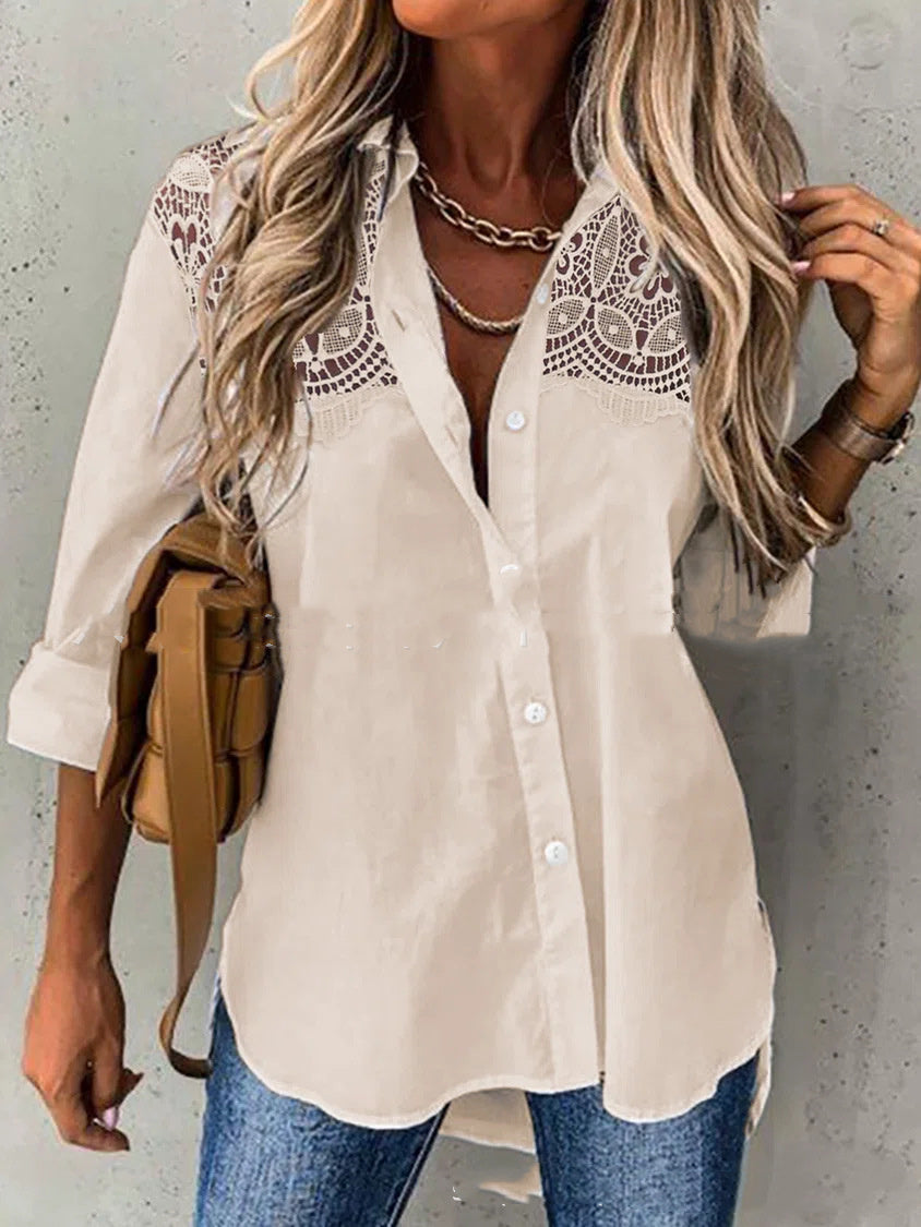 Chemise cardigan à revers en dentelle à manches longues ample de couleur unie pour femmes