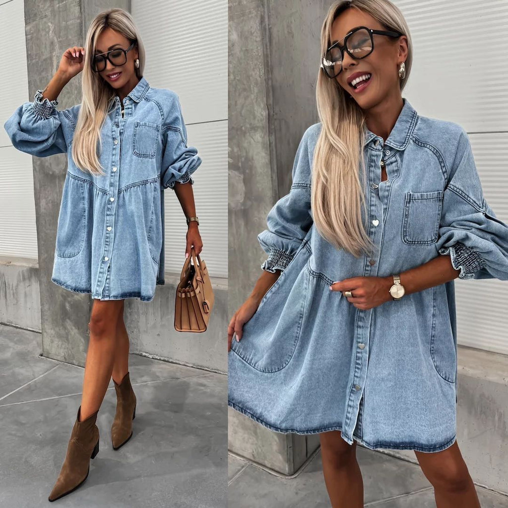 Robe boutonnée en jean à manches longues pour femmes, idéale pour le printemps et l'été
