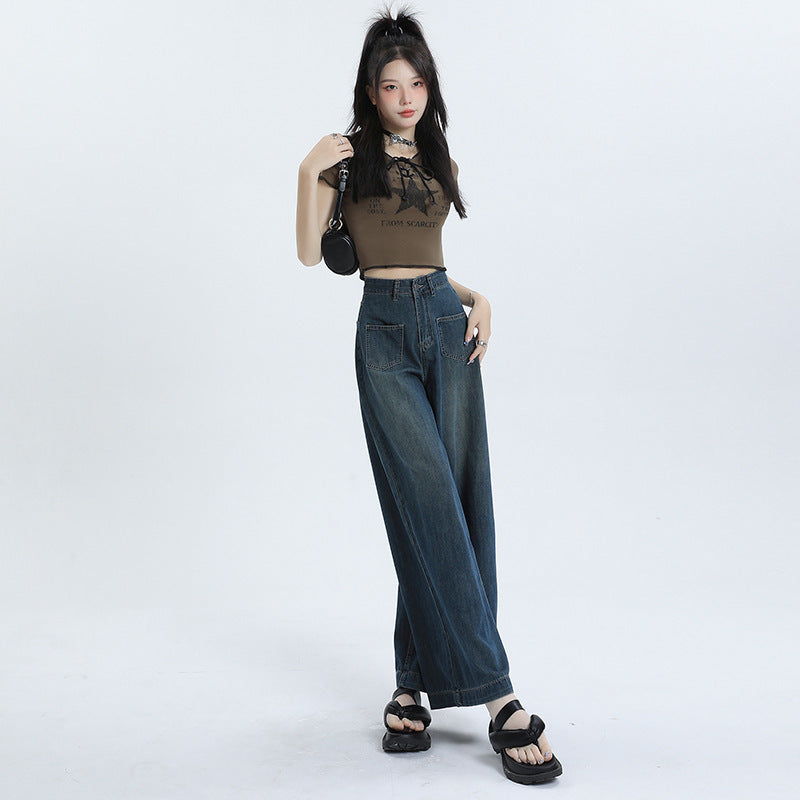Women's Retro Blue High Waist Loose Straight Denim Pants