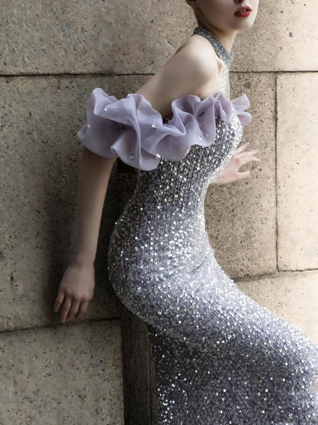 Purple Beaded Starry Sky Halter Fishtail Dress for Annual Meeting