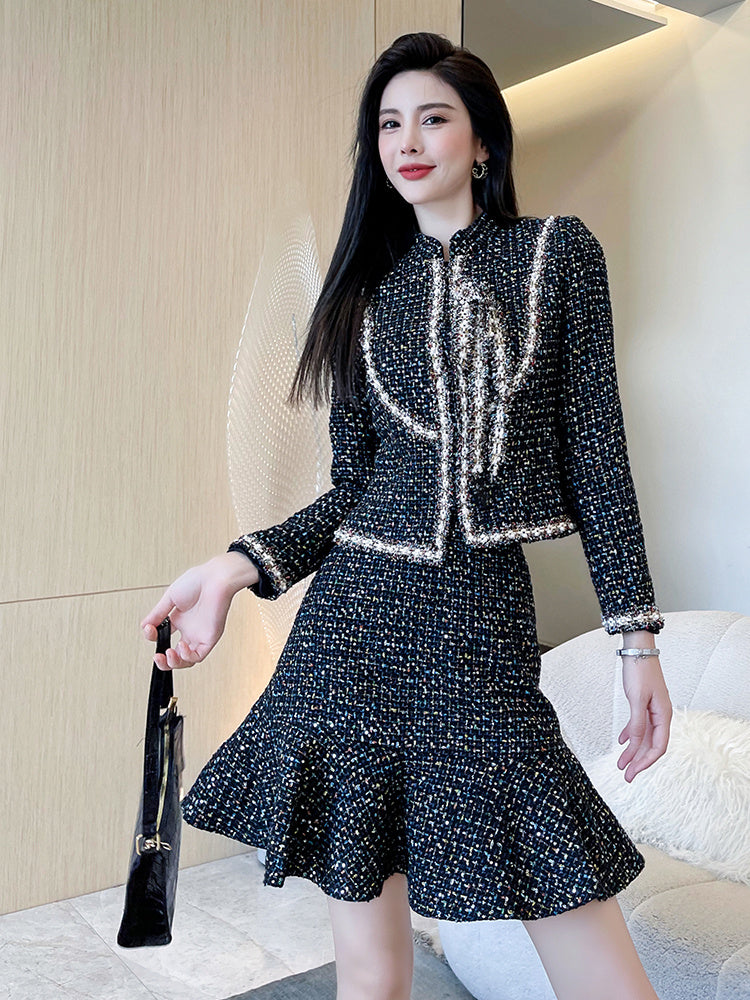 Ladies Black High Waist Short Coat and Skirt Suit Polyester Casual