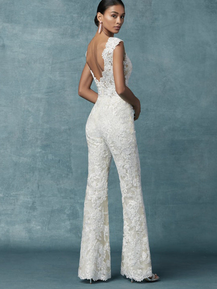 Embroidery Lace Sleeveless Wedding Dress Two-Piece Suit with Removable Skirt by Silk