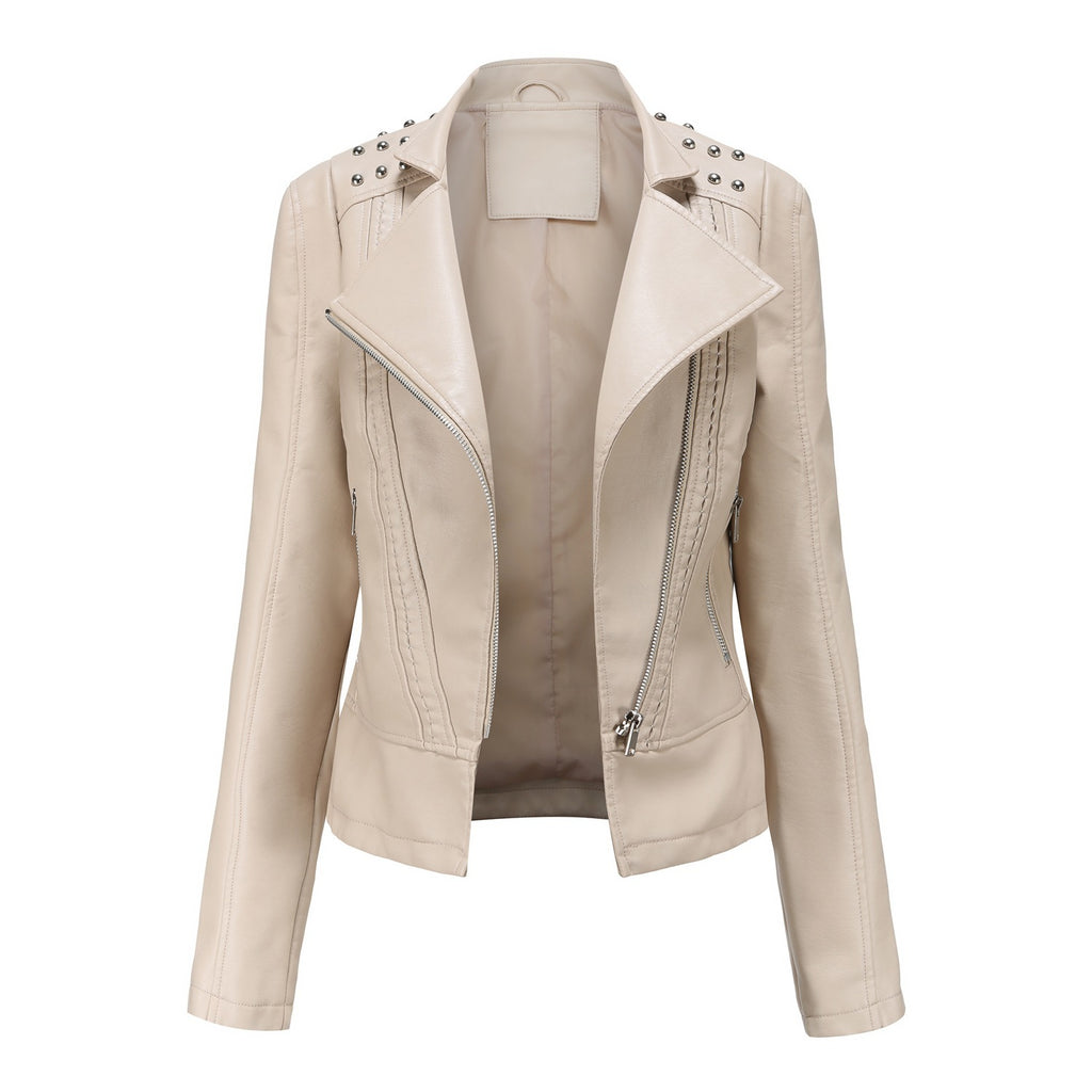 Beaded Leather Women's Long-Sleeve Lapel Motorcycle Jacket Thin Fashion Coat