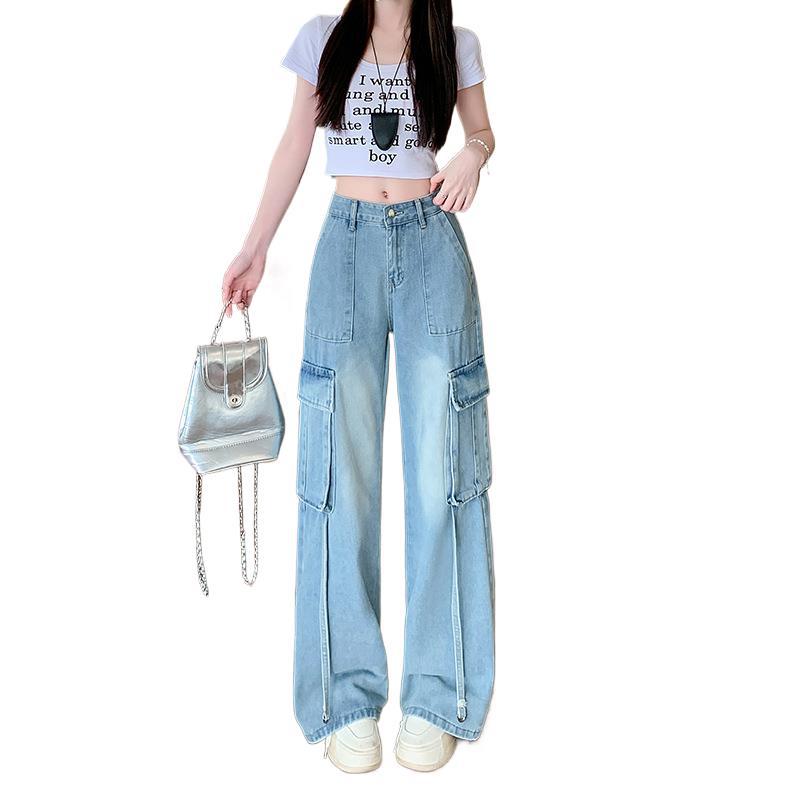 Figure-Flattering Blue High-Waist Straight-Leg Denim Pants with Large Pockets