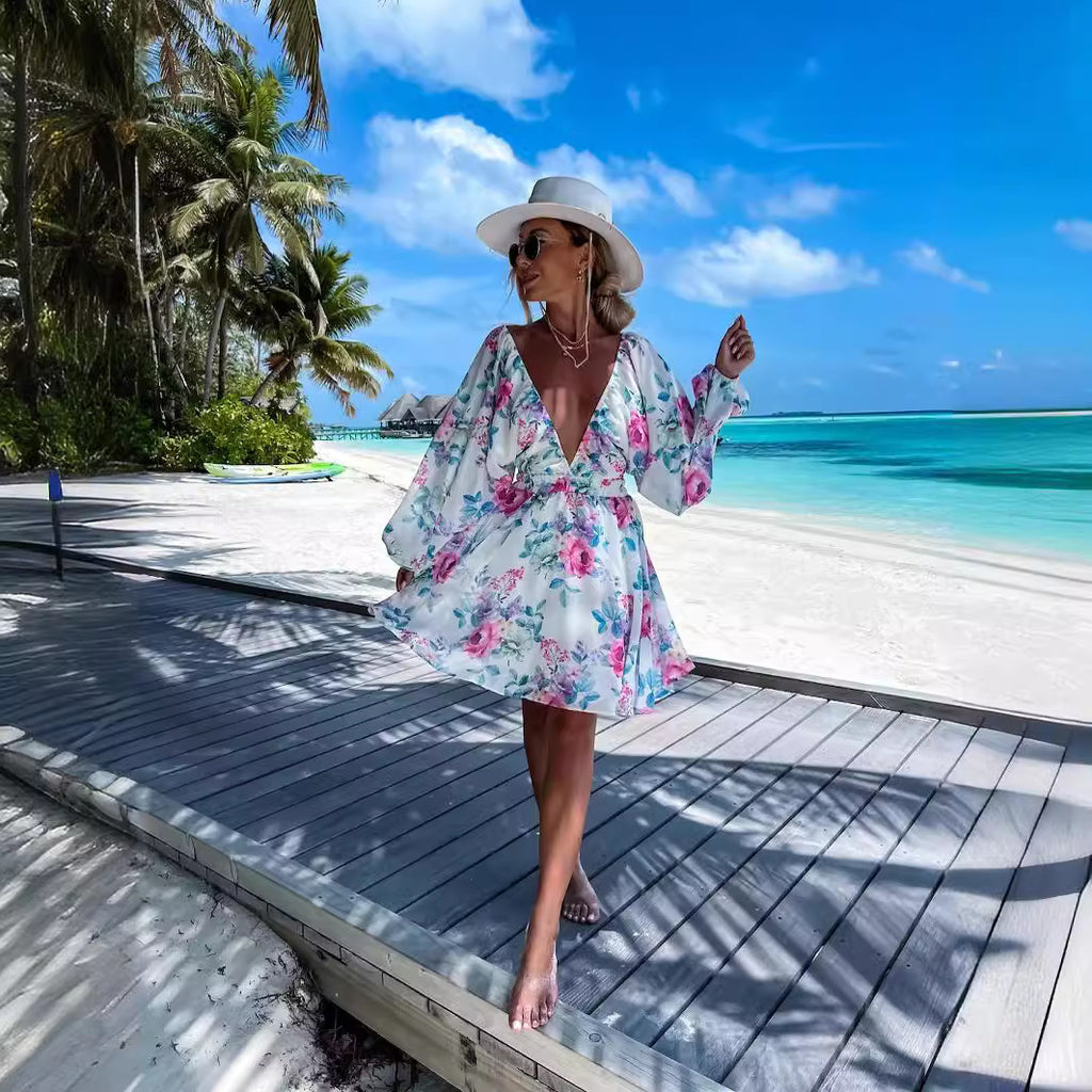 Chiffon Floral Long Sleeve Dress with Stitching Detail