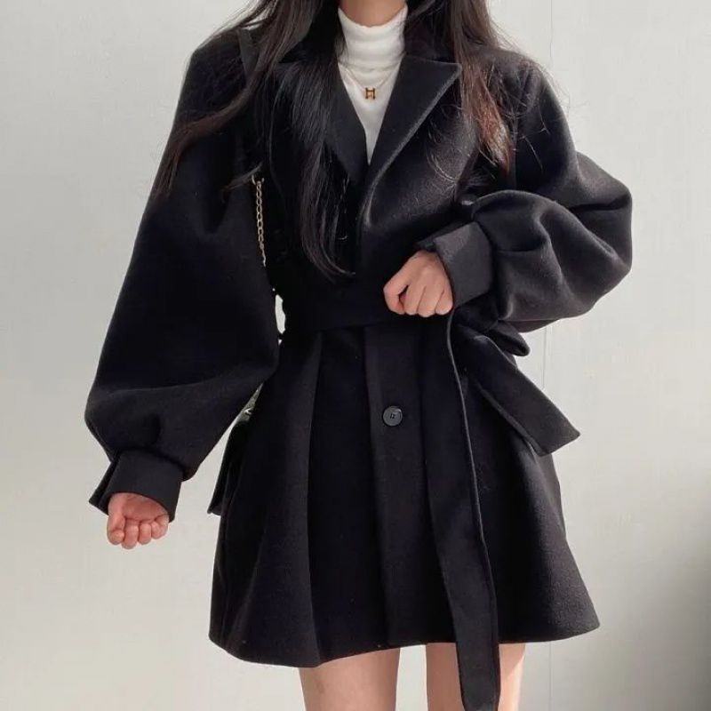 Women's Loose Woolen Coat with Suit Collar Mid-Length Small Wool Jacket