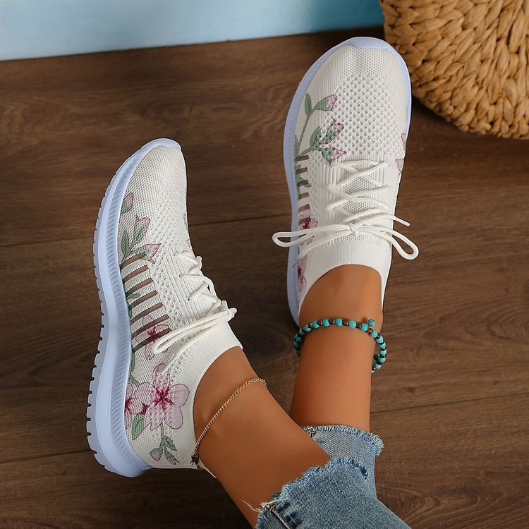 Women's Milky White Mesh Flyknit Casual Running Shoes Flat Heel