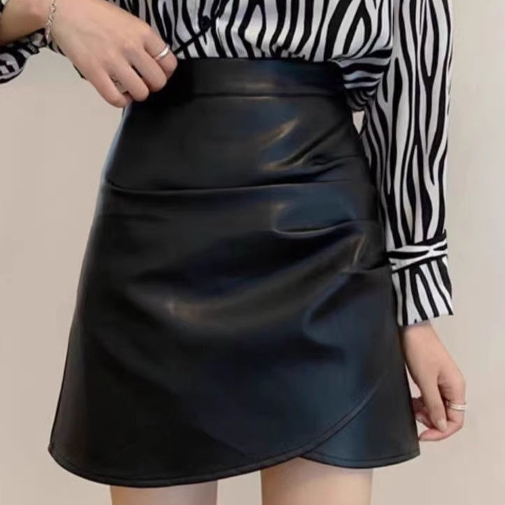 Women's High Waist PU Leather Ruffle Hip Short Skirt