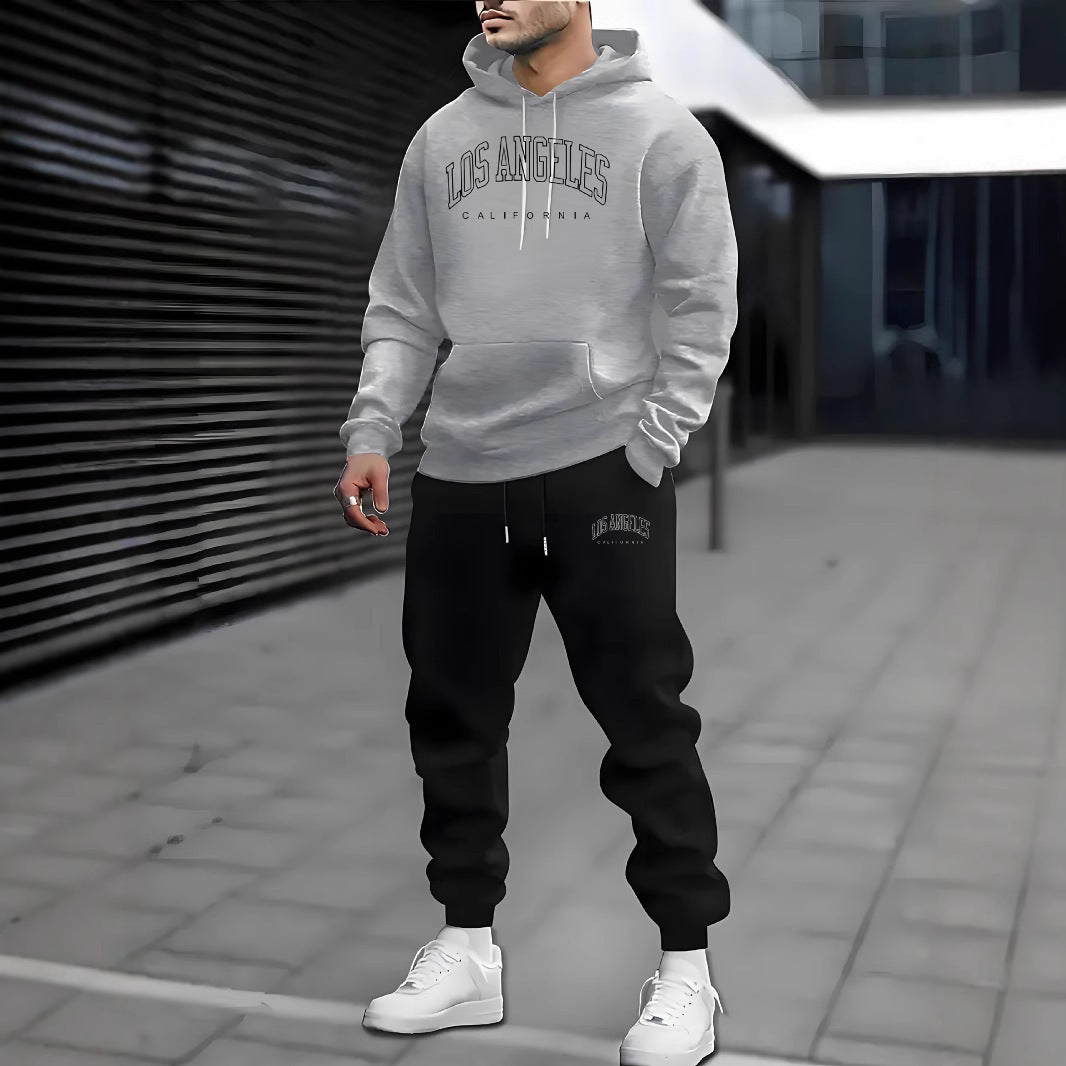 Ensemble homme pull à capuche et pantalon de survêtement doublé polaire imprimé lettre pour automne hiver