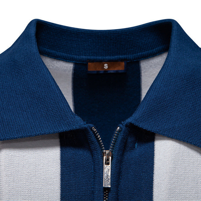Men's Short-Sleeve Woolen Lapel Polo Shirt with Stripes