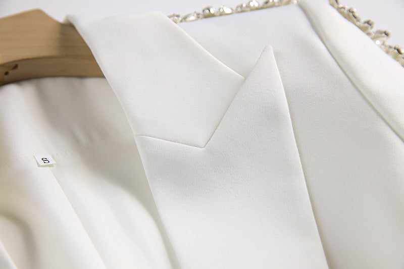 Medium Length Suit Coat with Wide Leg White Polyester Trousers