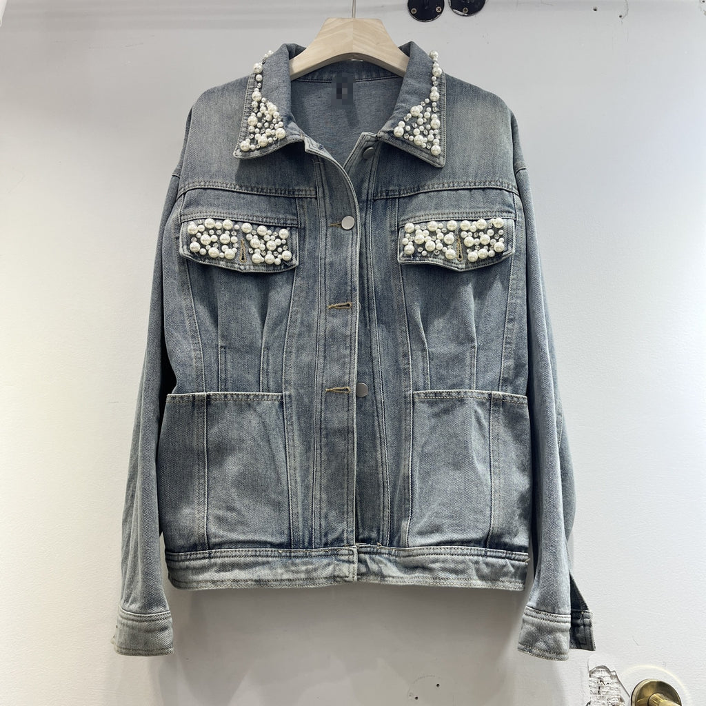 Vintage Blue Washed Denim Jacket Women’s Casual Heavy Industry Beads M-L