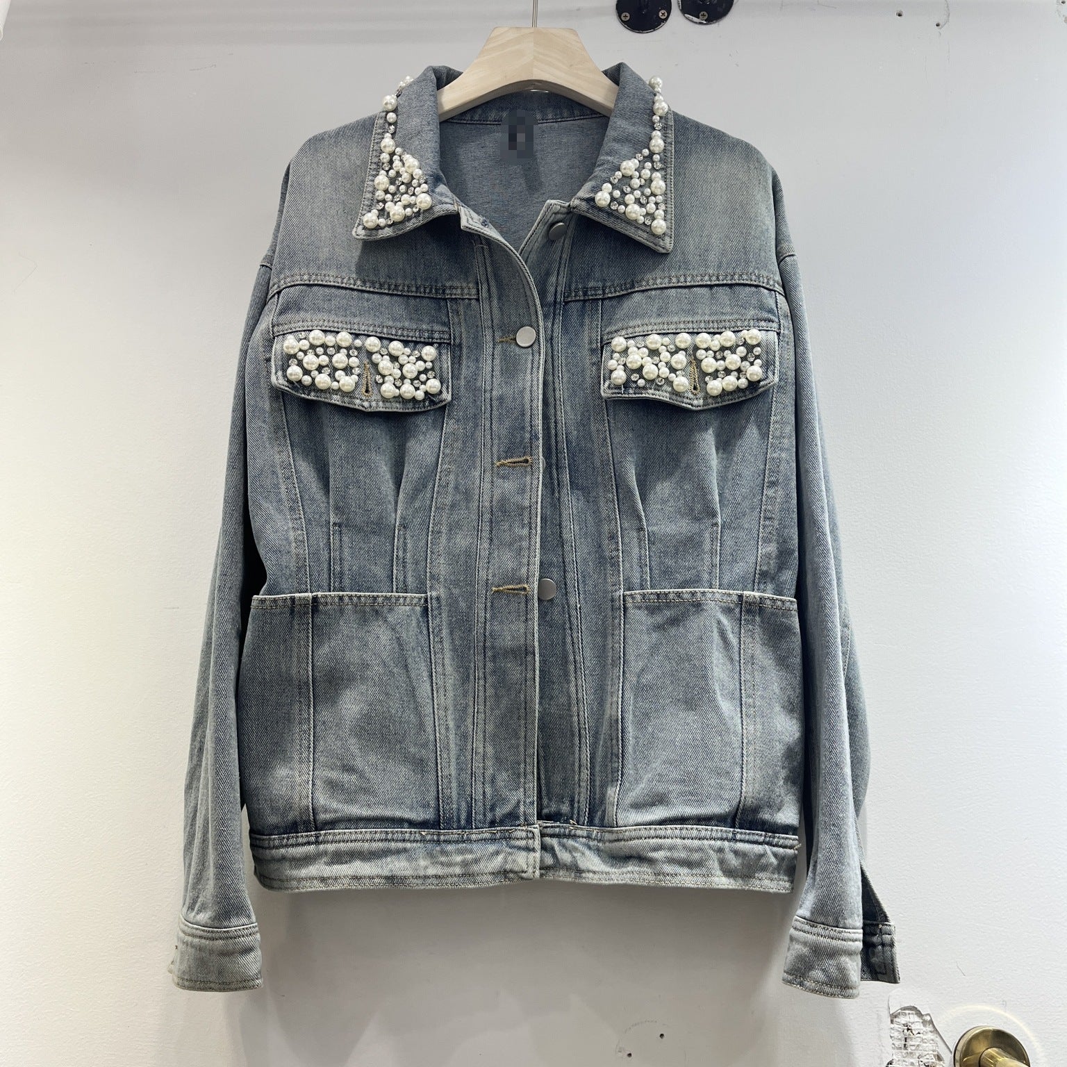 Vintage Blue Washed Denim Jacket Women’s Casual Heavy Industry Beads M-L