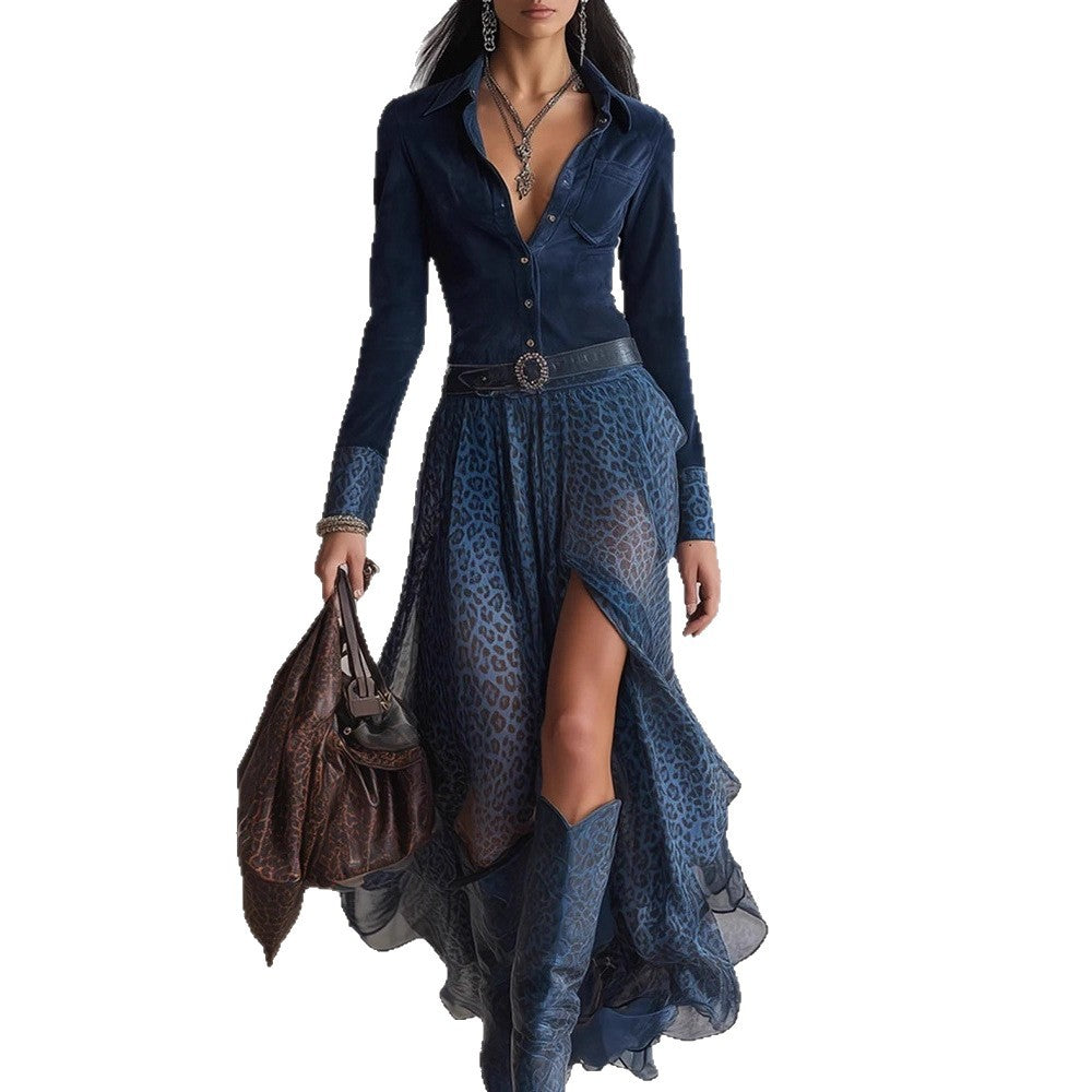 Robe longue en patchwork à col roulé bleu marine automne-hiver