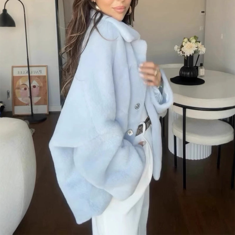 Loose Lapel Single-Breasted Furry Fleece Coat Long Sleeve Plush Jacket for Women