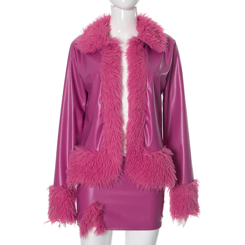 Leather Fur Collar Cardigan & Short Skirt Set for Women in Green & Rose Red