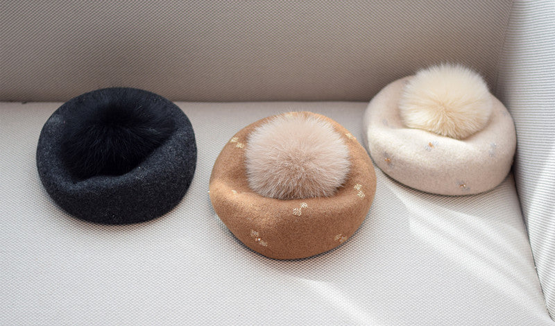Women's Vintage Wool Dome Hat with Fox Fur Ball for Autumn Winter M 56-58cm