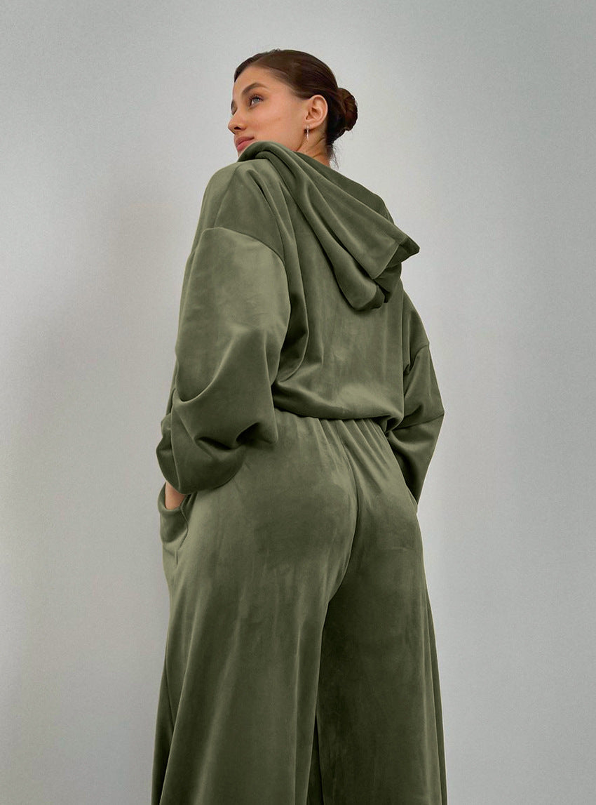 Green Velvet Hooded Sweater Set Polyester Fiber S-L