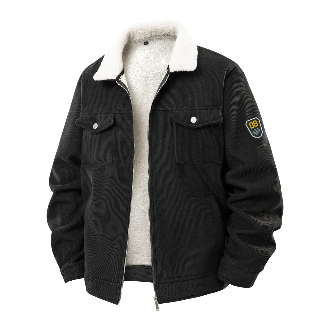 Manteau homme en velours côtelé épais doublé polaire avec revers en agneau, noir, café, kaki