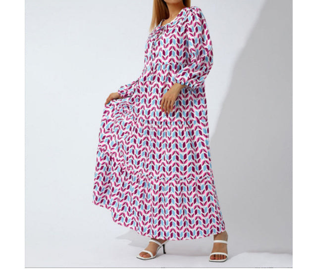 Summer Women's Vintage Bohemian Printed V-Neck Loose Long Dress Polyester