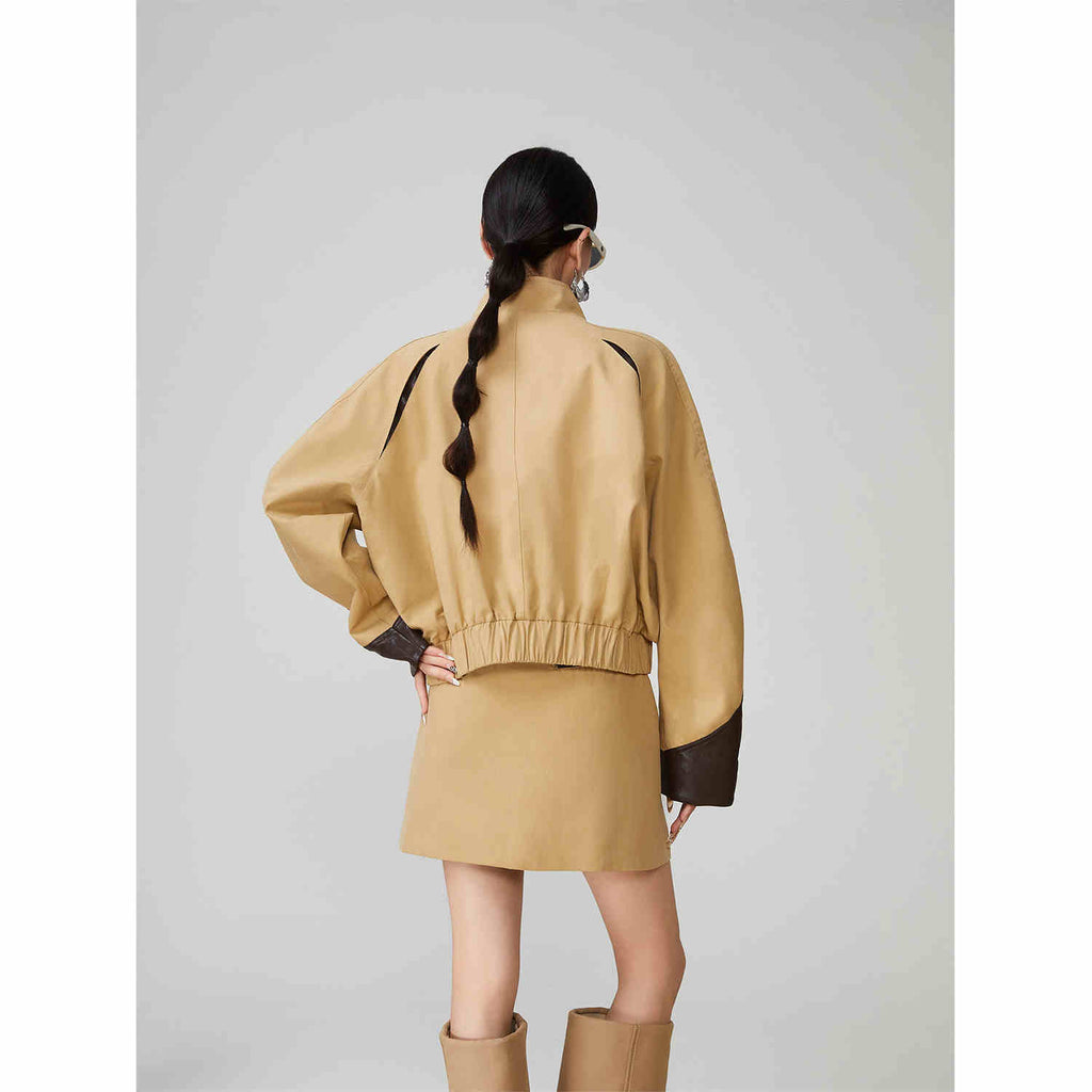 Leather Patchwork Stand-Up Collar Two-Piece Suit with A-Line Skirt for Women