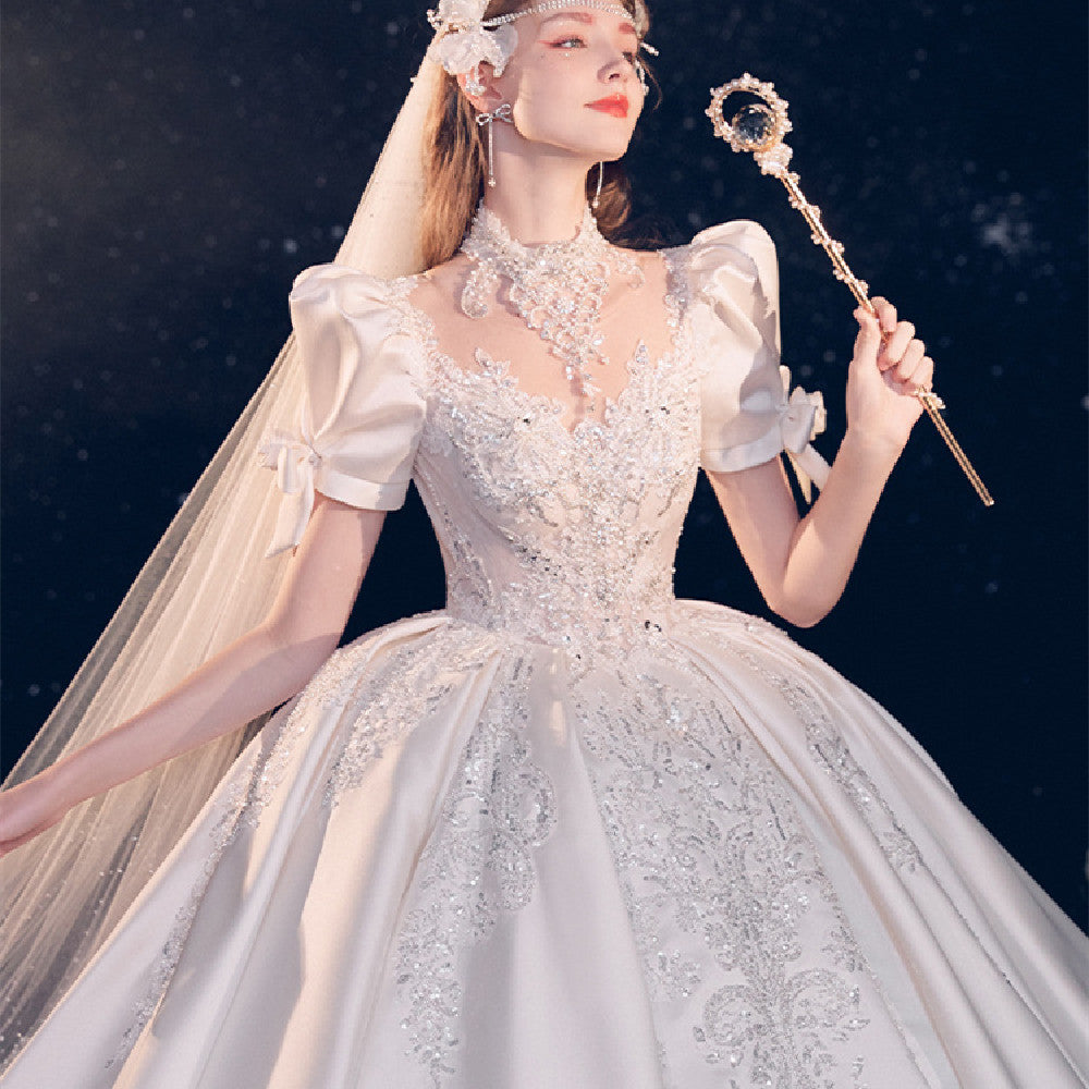 Vintage Polyester Frock With Puffy Sleeves and High Waist Long Skirt