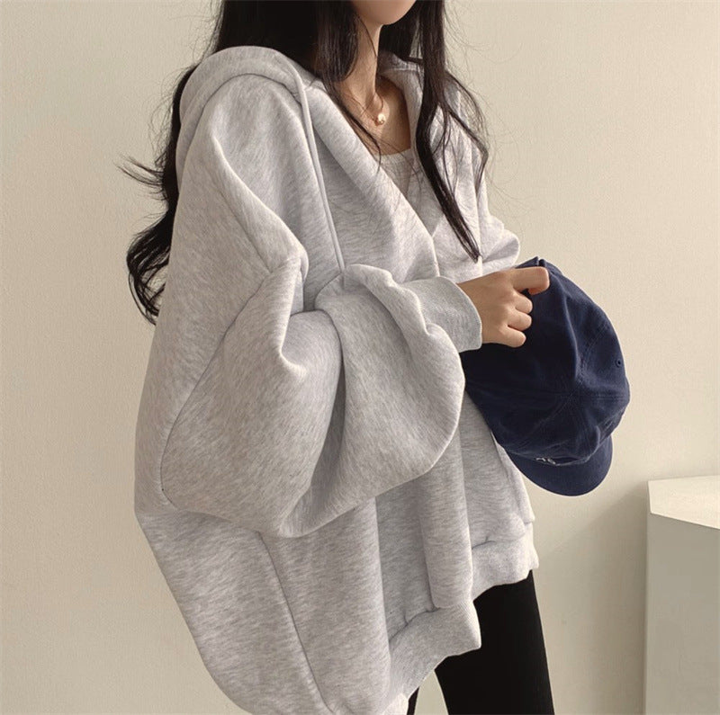 Womens Loose-Fit Hooded V-Neck Sweatshirt with Lace-Up Detail