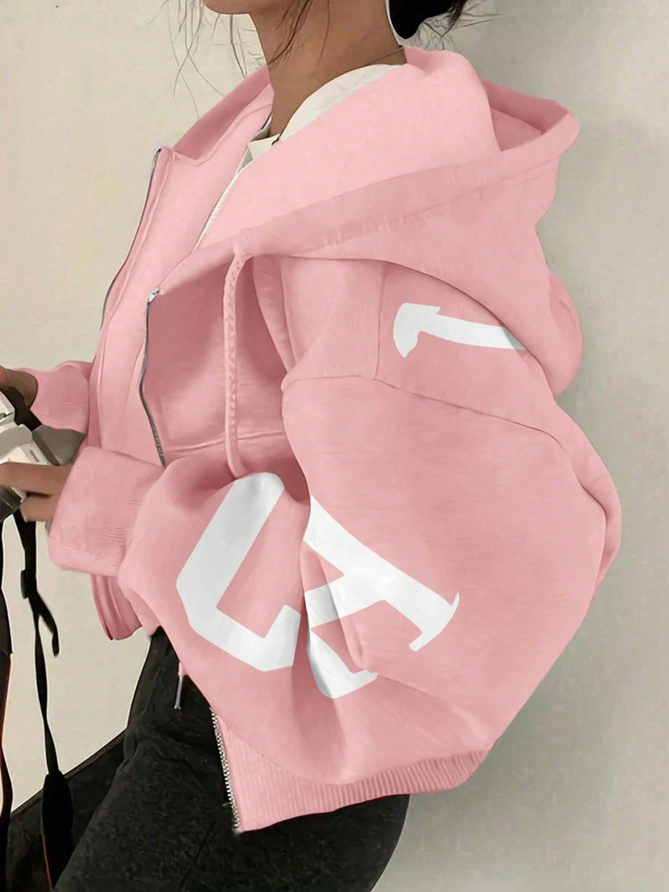 Sweat-shirt décontracté zippé à manches longues pour femme avec motif imprimé
