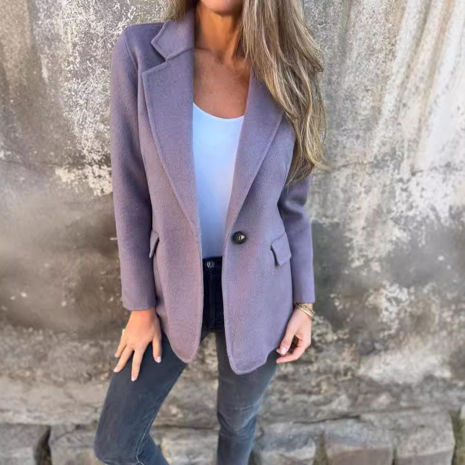 Women's Short Button Lapel Woolen Blazer Winter Commuter Jacket