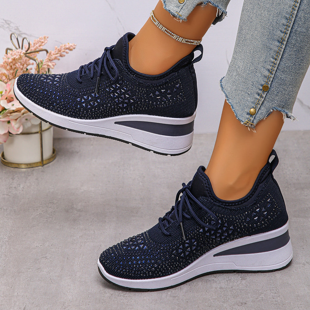 Baskets compensées à lacets Ins Rhinestone pour femmes Chaussures de sport décontractées