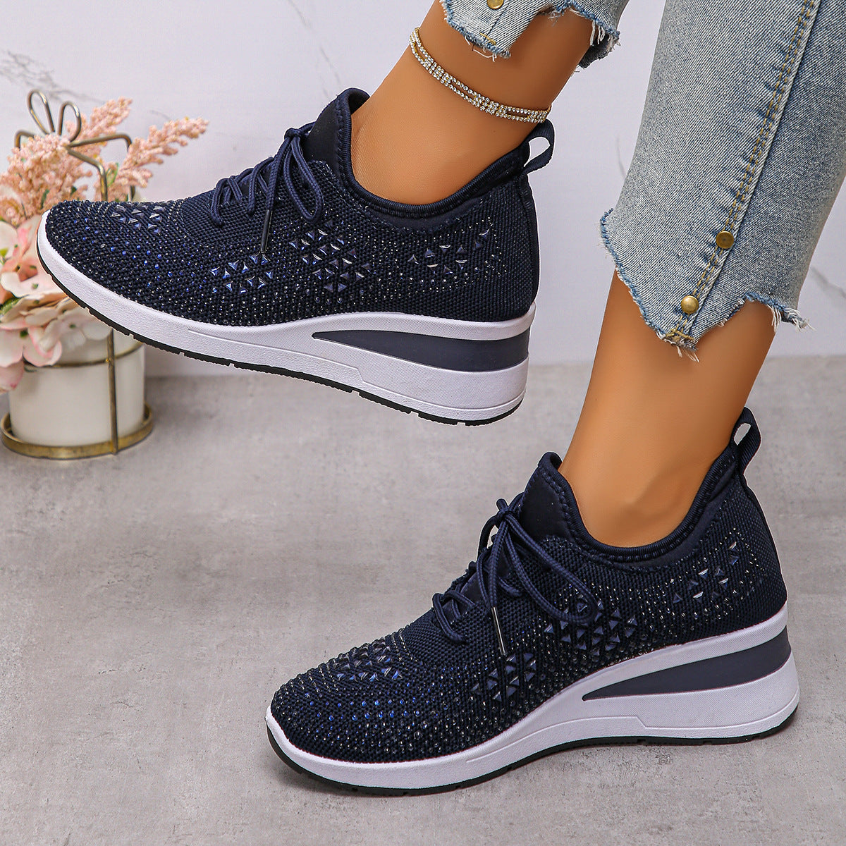 Ins Rhinestone Lace-Up Wedge Sneakers Women's Casual Commuting Sports Shoes