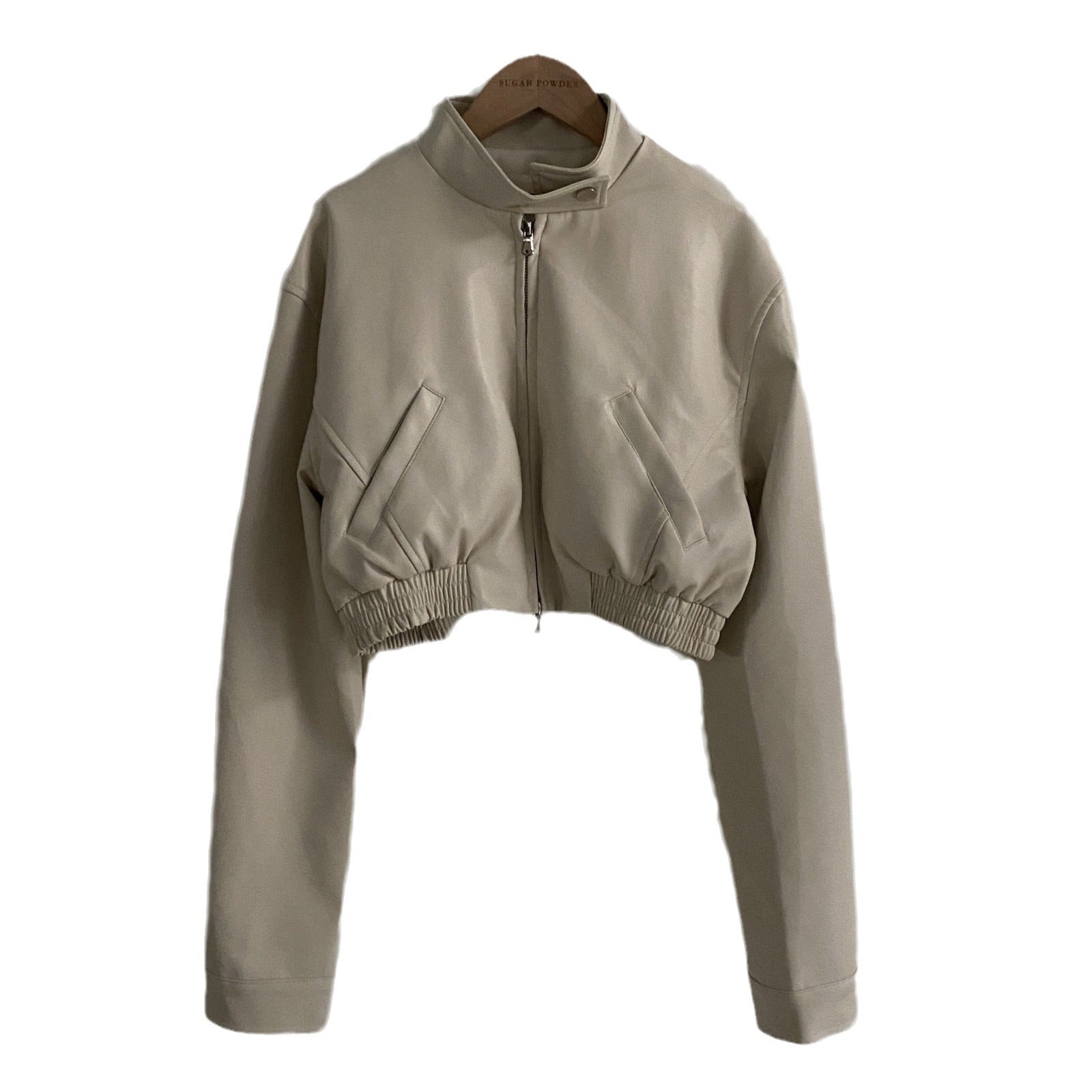 Blouson de moto en cuir pour femme, style rétro français, noir, col montant zippé, taille élastique, taille unique
