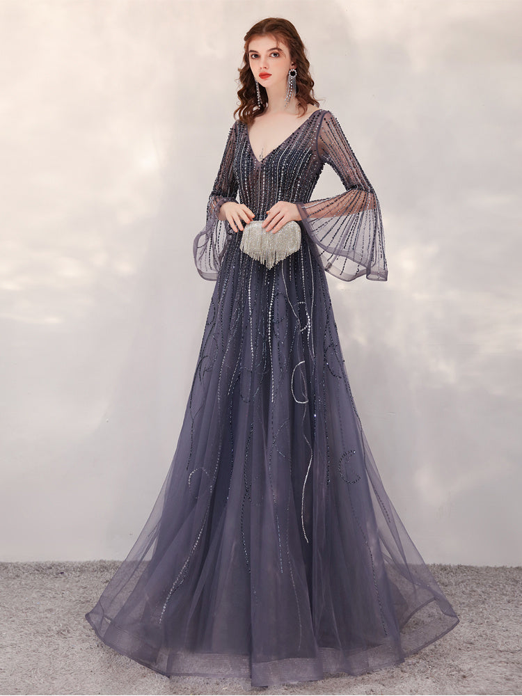 High-End Luxury Evening Dress for Banquet with Trumpet Sleeve and Zipper