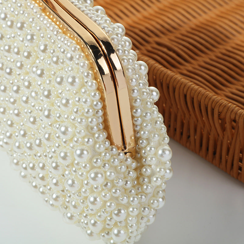 Sac de Soirée Coque Broderie Perle Femme 23x13x3CM Beige & Blanc