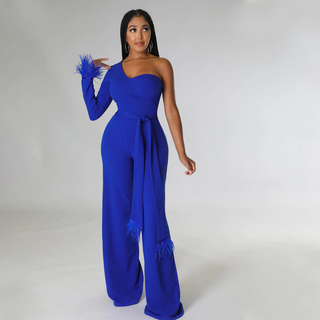 Wide-Leg Tassel Jumpsuit with One-Shoulder Design
