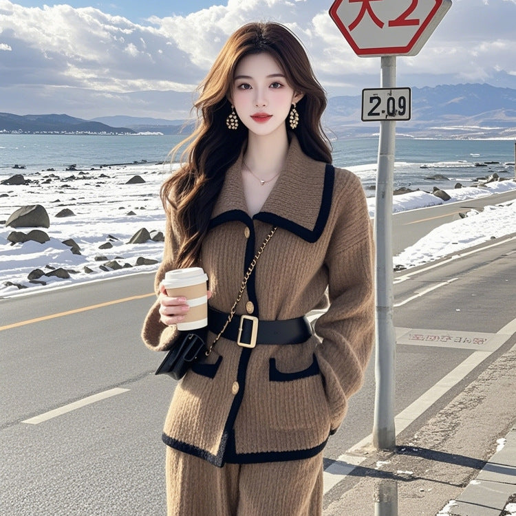 Brown Cotton Sweater Coat & Trousers Two-Piece Set for Women Free Size