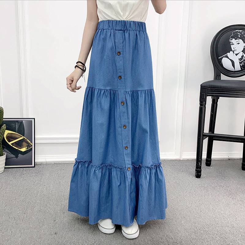 Vintage Minimalist High Waist A-Line Denim Skirt in Light & Deep Blue
