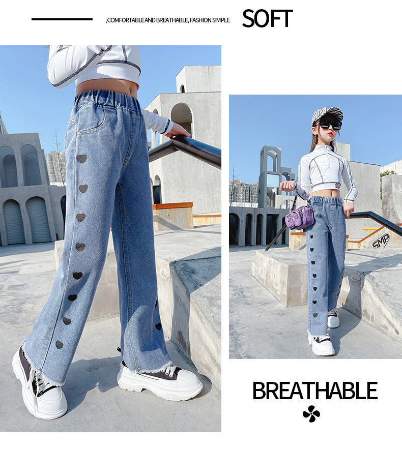 Girls Light Blue Denim Wide Leg Casual Pants