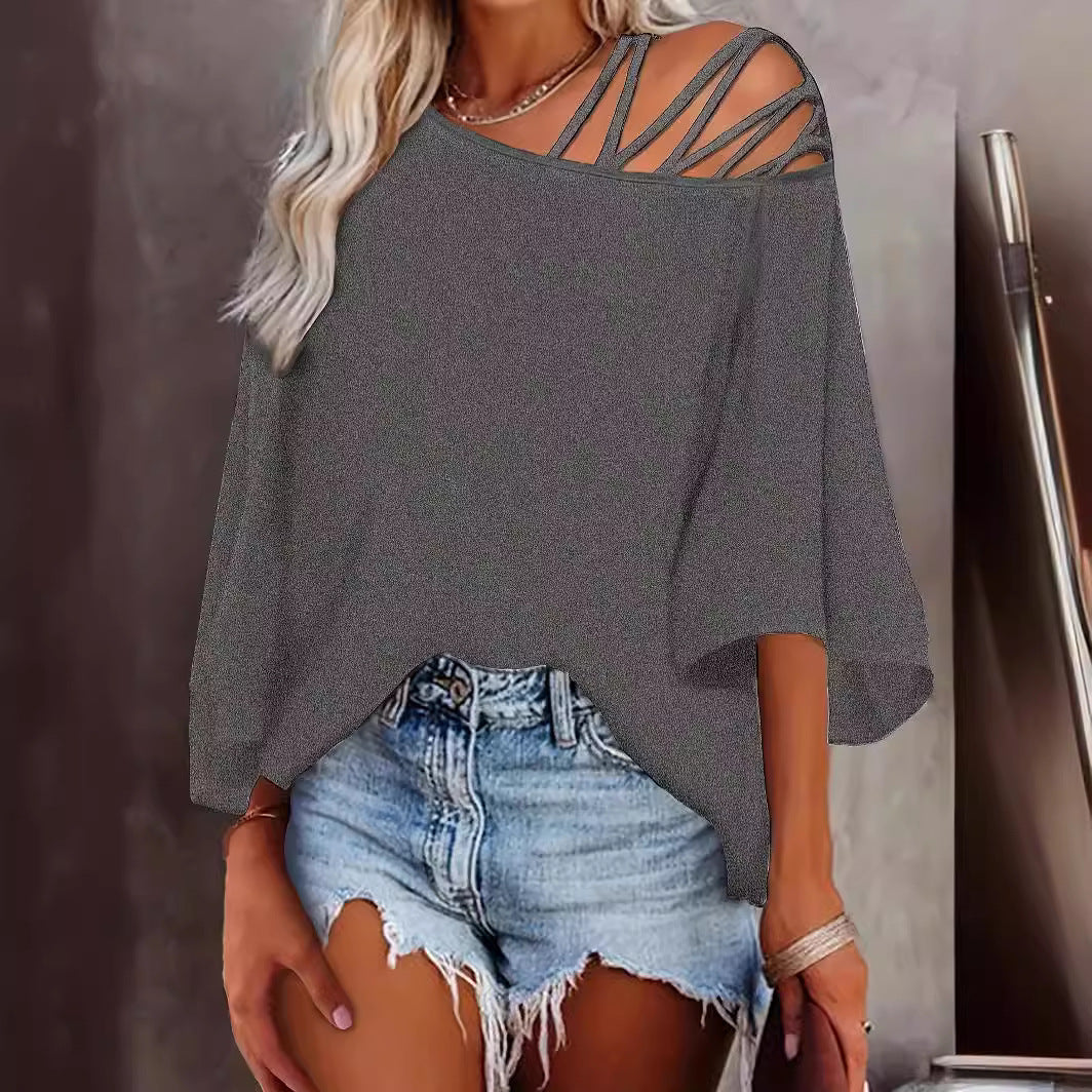 Women's Summer Off-Shoulder Loose Solid Color Top Polyester S-XXL