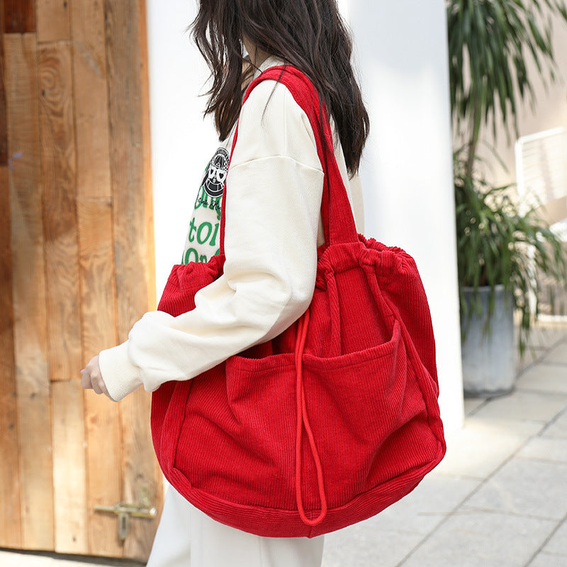 Grand Sac à Main en Velours Côtelé Multi-Poches à Cordon pour Femmes