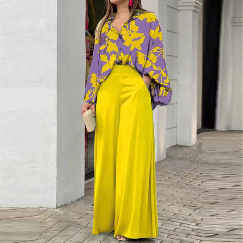 Loose And Elegant Casual Printed Shirt Top Wide Leg Pants Fashion Suit