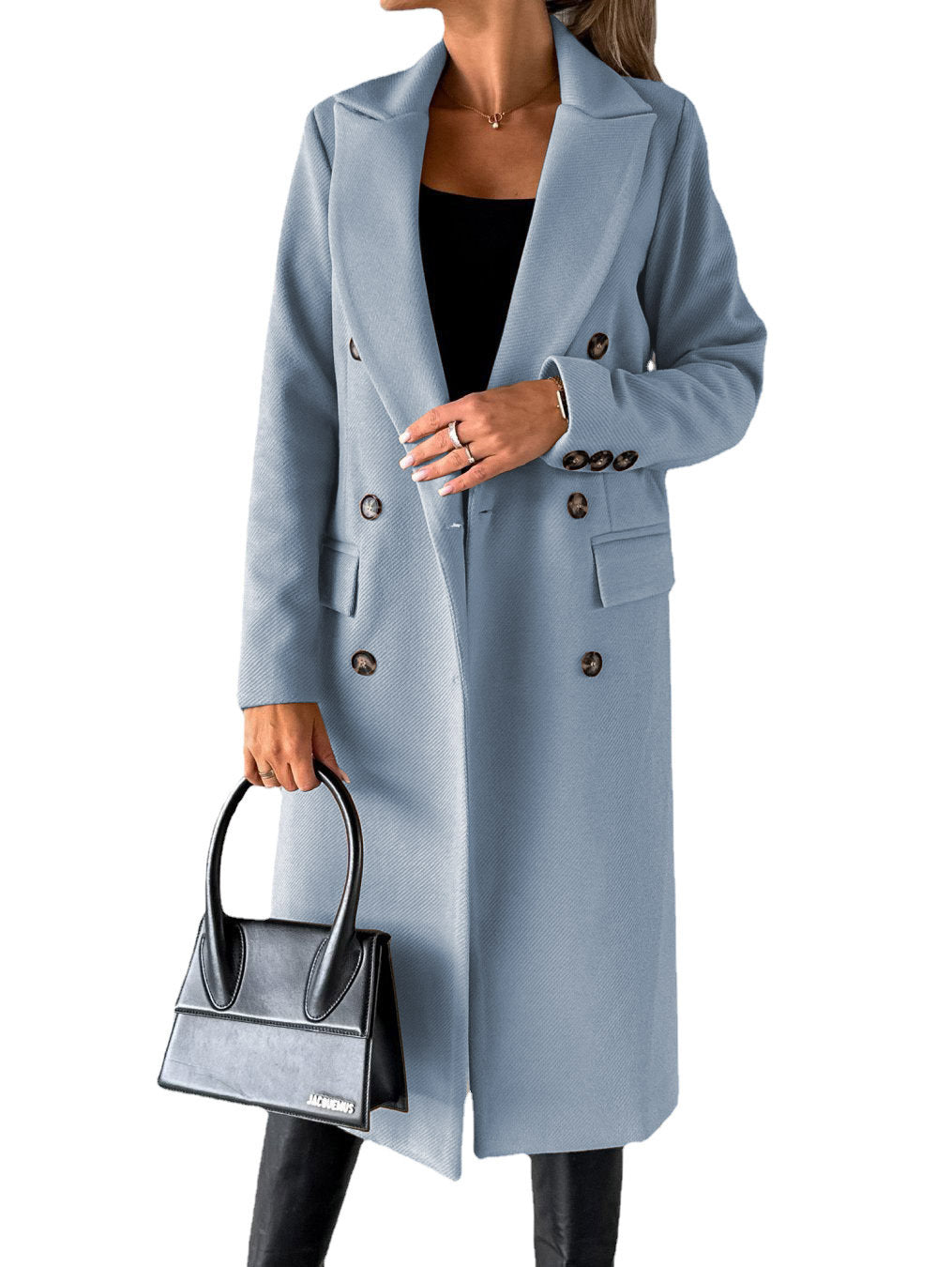 Manteau long d'hiver ajusté à revers double boutonnage pour femme