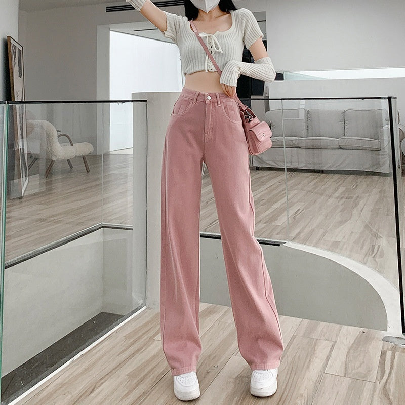 Dirty Pink High Waist Wide Leg Denim Pants for Women